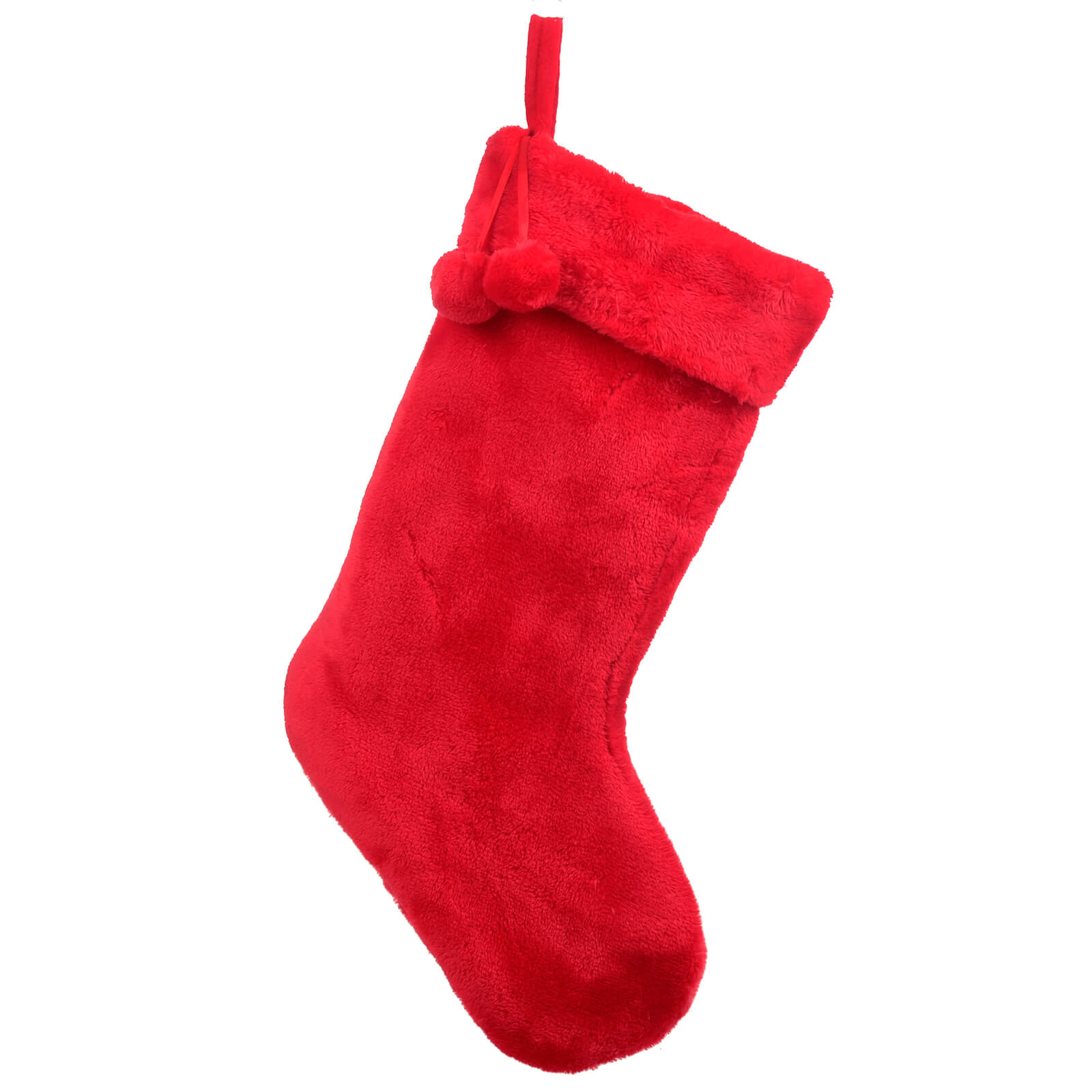 large red faux fur Christmas stocking with matching pom poms and hanging loop